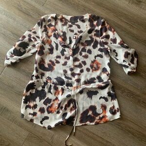Armani Exchange Sz Md White/Multi Color Leopard Print tie waist satin blouse